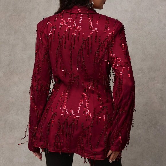 burgundy Party Women's Sequin Patchwork Lapel Neck Long Sleeve Blazer Jacket - Picture 2 of 7